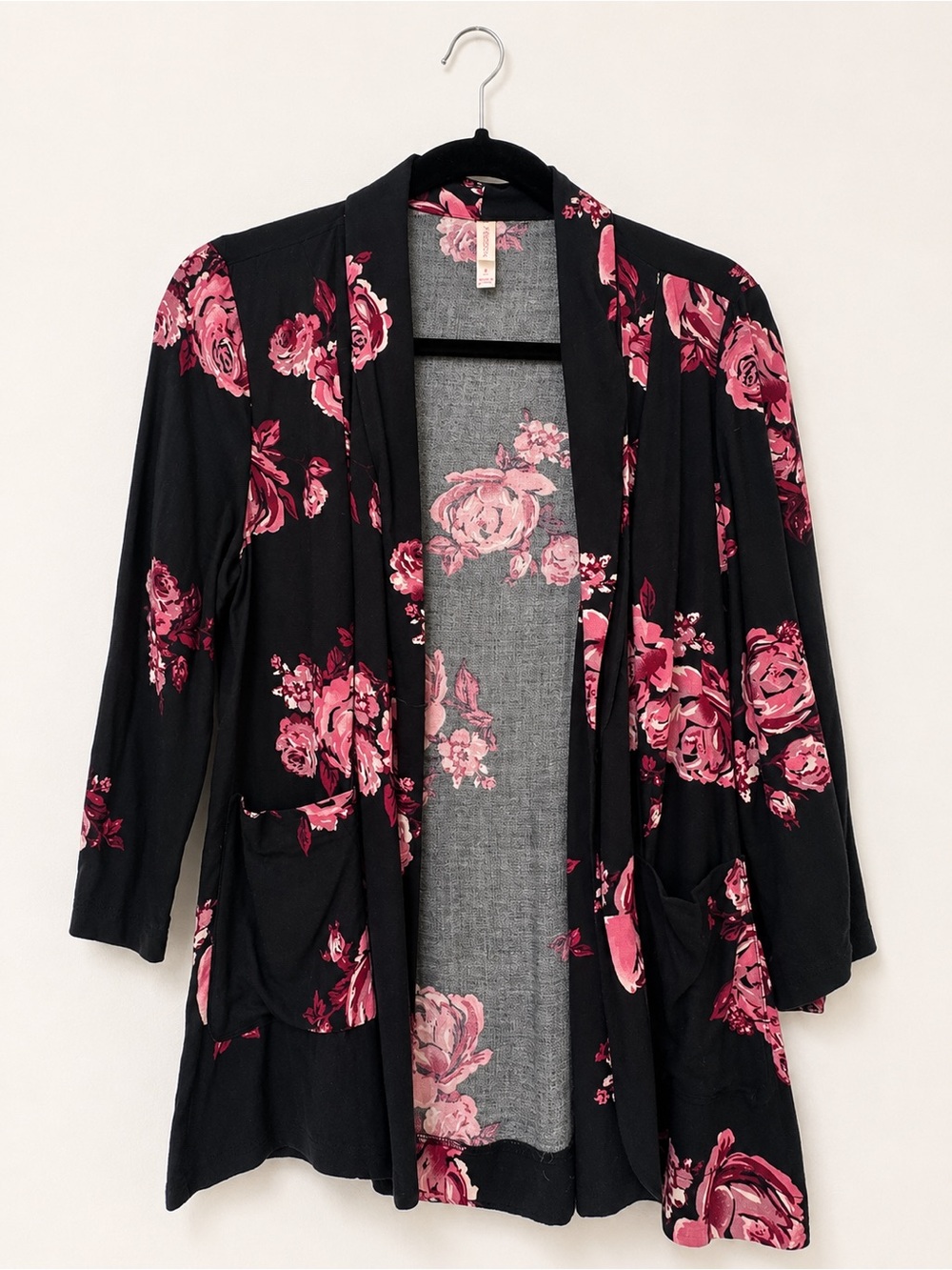 Xhilaration Black Cardigan with Pink Floral Print